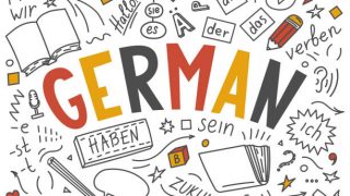 German. Hand drawn doodles and lettering. Der, die, das, er, sie, es, ich, haben, zeiten, sein, zukunft, hallo, verben, du. Translation: the, he, she, it, me, have, times, be, future, hello, verb, you